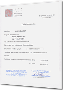 Zaświadczenie Polskiej Izby Inżynierów Budownictwa